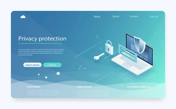 Concepto de sistema de protección de pagos en línea con portátil. Banner con protección de datos y confidencialidad. Seguridad de datos móviles isométrica . — Vector de stock