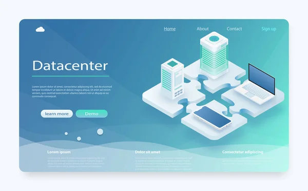 Datacenter, hosting server of data center kamer concept. Concept van big data processing center, wolk database, server energie station van toekomst. — Stockvector