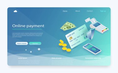 İzometrik ödeme online kavramı. Smartphone ile mobil arayüz ödeme sistemi, para. Koruma para transferi, online banka.