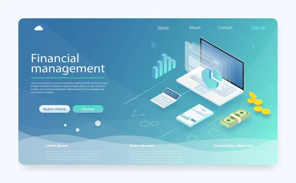 Concepto de gestión financiera. Inversión y finanzas virtuales. Cálculos financieros, conteo de beneficios, informes, estadísticas, análisis de datos, gestión de proyectos, planificación . — Vector de stock