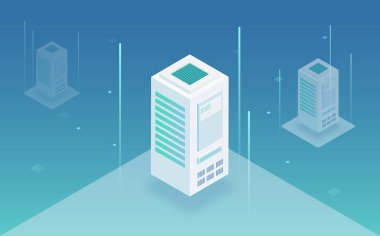 Büyük veri işleme, web hosting, sunucu raf, veri depolama, omputing ve bilgi kavramı işleme. Sunucu Oda izometrik vektör. 