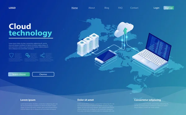 Conceptos Almacenamiento en la nube. Tecnología informática en línea. 3d servidores y red de conexión de centro de datos . — Vector de stock