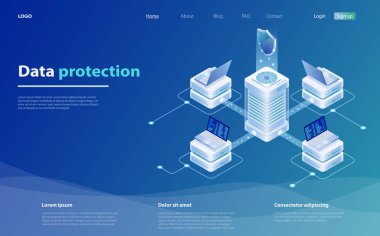 Dizüstü bilgisayar ve kalkan ile veri koruma vektör illüstrasyon. Güvenlik ve gizli veri koruması. Online koruma sistemi kavramı hizmet vermektedir. 