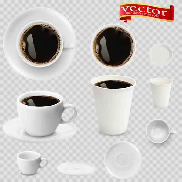 3D realistiska espressokaffe i vita koppar utsikt från toppen och sidan. Espressokaffe i vita pappersmuggar. — Stock vektor