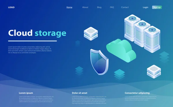 Conceptos Almacenamiento en la nube. Cloud computing or storage isometric vector illustration (en inglés). Concepto de isometría 3D de almacenamiento informático en línea. Tecnología informática en línea . — Vector de stock