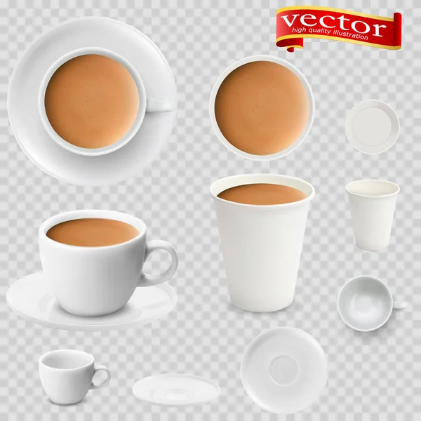 3D realistisk kakao dricka kaffe i vita koppar utsikt från toppen och sidan. Kakao dricka kaffe i vitt papper koppar. — Stock vektor