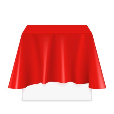 Vektör gerçekçi kare podyum kırmızı ipek bez ile kaplı. Boş podyum, masa örtüsüyle dur. Ürünleri görüntülemek için kare podyum.