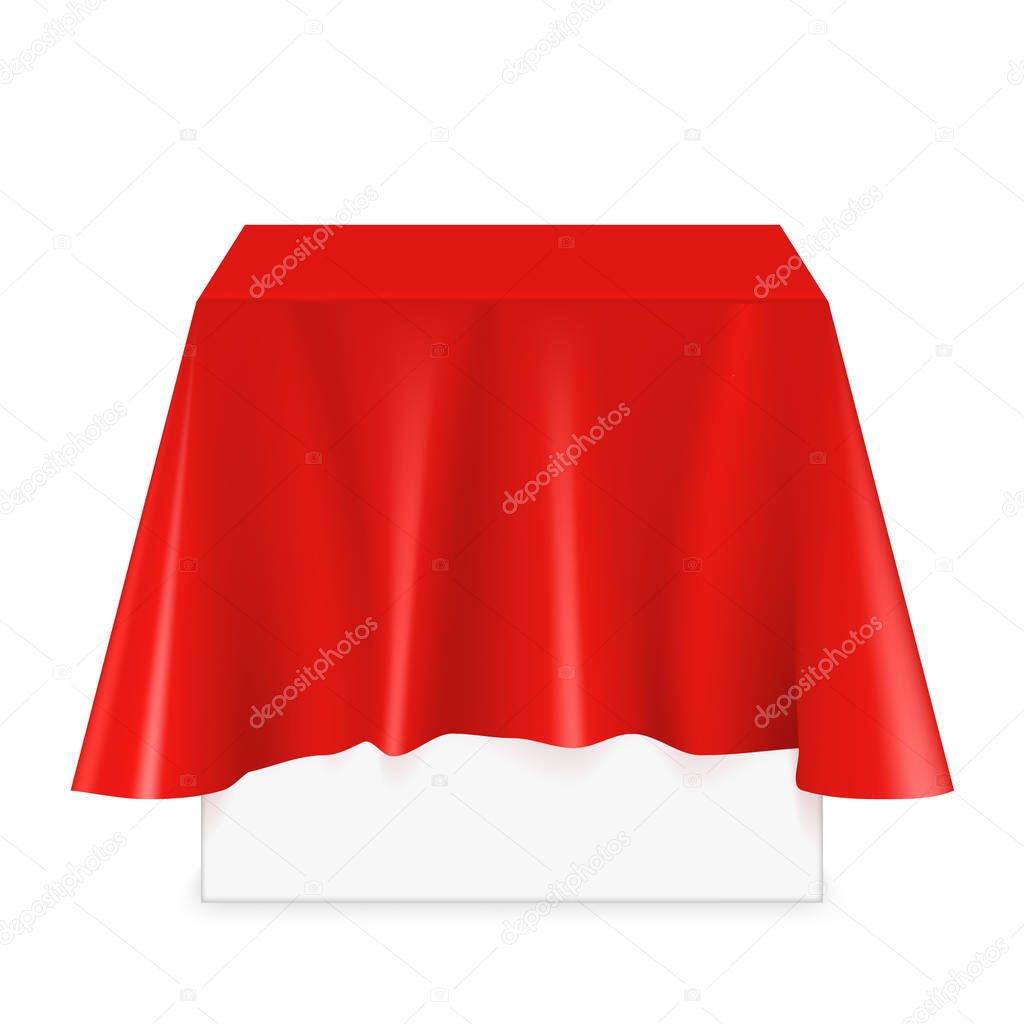 Vector realistic square podium covered with red silk cloth. Empty podium, stand with tablecloth. Square podium for displaying products.