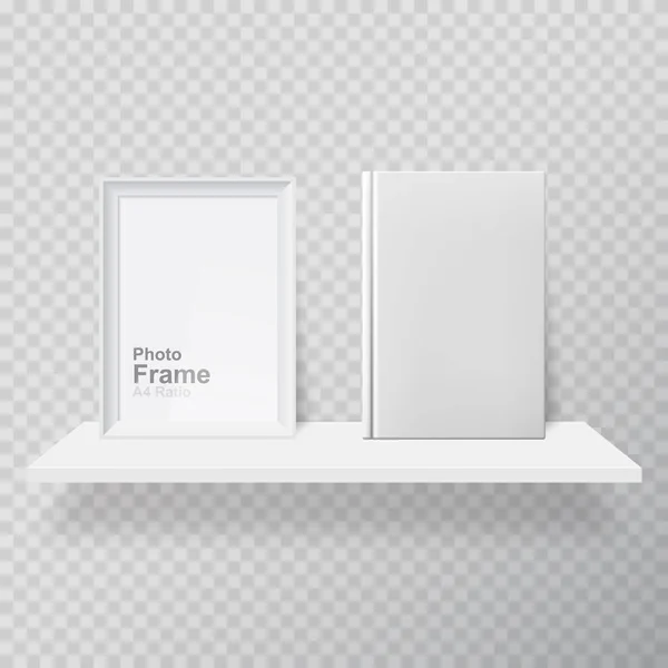 Tom ram och vit bok på hyllan. Realistisk tavelram och vit bok på vit realistisk hylla. — Stock vektor