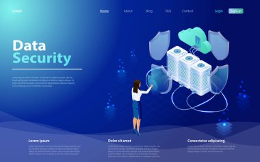 İş kadını veritabanı, veri koruma konsepti erişmek için parmak izi tarayıcı parmak uygular. Veri güvenliği izometrik kavramı