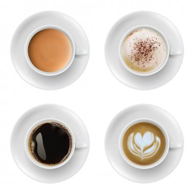 üst ve yan beyaz bardaklar görünümü kahve 3D gerçekçi farklı tür. Gerçekçi bardaklar içinde cappuccino latte Americano espresso kakao.