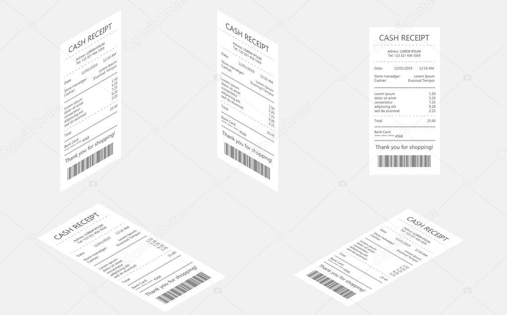 Cash register sales receipts printed on thermal rolled paper. Sales printed receipt. Bill atm template, financial check.