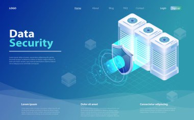 Büyük veri akışı işleme veri koruma kavramı. Bulut veritabanı, web barındırma sunucu odası. Isometrik veritabanı koruma kavramı.
