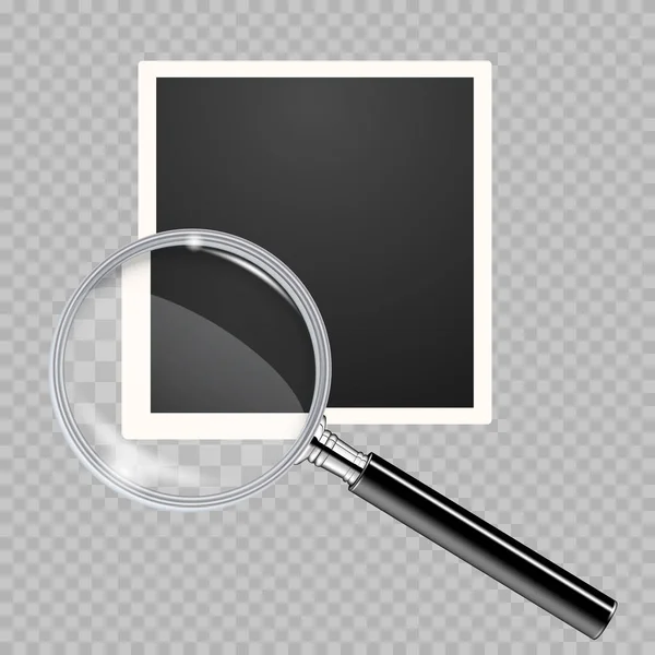 Old blank square photo with magnifying glass with magnifying effect on a transparent background. Transparent magnifying glass on a blank photo frame — Stock Vector