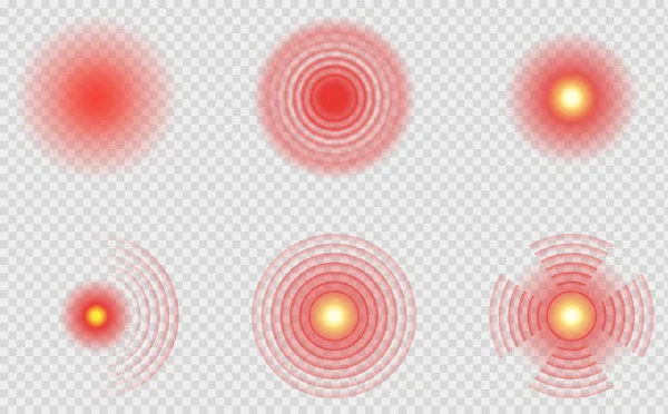 Болевой красный круг или отметка локализации. Красная болезненная мишень, нацеленная на медикаментозное средство и пятна боли в суставах . — стоковый вектор