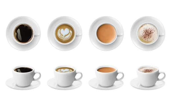 3d realista diferentes tipos de café en tazas blancas vista desde la parte superior y lateral. Capuchino latte americano espresso cacao en tazas realistas . — Foto de Stock