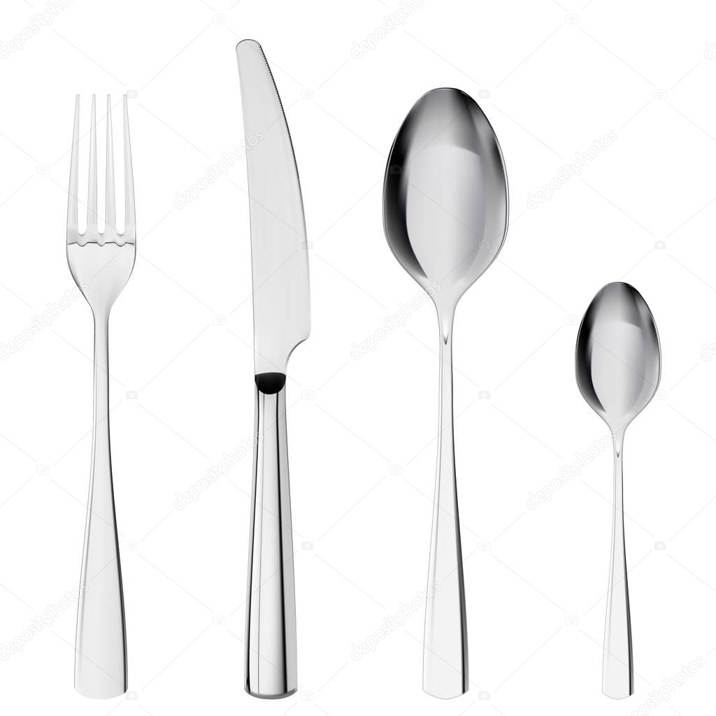 3d realistic cutlery set with table knife, spoon, fork, tea spoon.