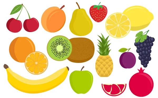 Flat fruit: apple, pear, strawberry, orange, peach, plum, banana, watermelon, pineapple, grapes, cherry, kiwi, lemon — Stock Vector