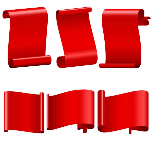 Set flat red decorative ribbons. Realistic 3d red glossy decorative congratulation ribbons set.