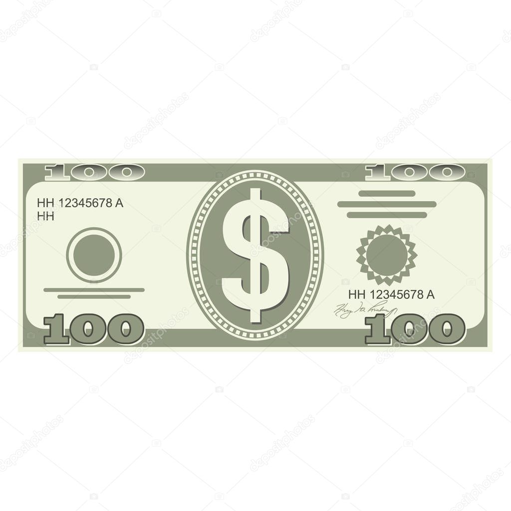 Illustration of money icons. Dollar currency banknote green. Dollars bill, money banknote. Dollar bill isolated on white background. 