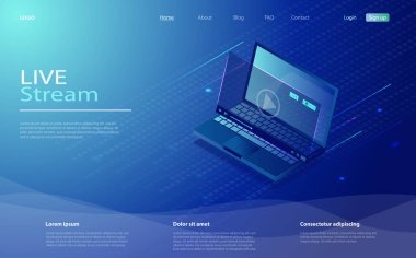 Dizüstü bilgisayarla çevrimiçi yayın. Isometric laptop ve canlı görüntü akışı simgesi.