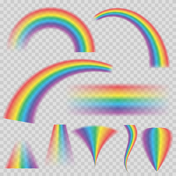 Transparent rainbows in different shapes. Rainbow icon isolated on transparent background.