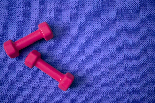 Kopya alanı ile parlak pembe halter ile mavi yoga mat üst görünümü 