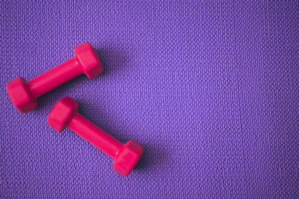 Kopya alanı ile parlak pembe halter ile mor yoga mat üst görünümü 