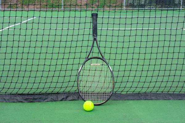 Tennis Racket Lying Net Tennis Ball Hard Surface Court Stock Image