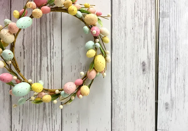 Easter Egg Wreath Pastel Colors Wooden Background Copy Space — Stock Photo, Image