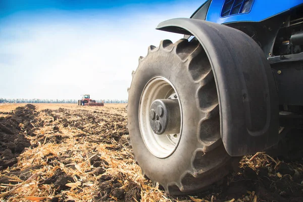 Uma Roda Tractor Trabalhar Campo Perto Conceito Trabalho Campo Agricultura — Fotografia de Stock