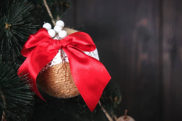 Navidad Año Nuevo Rústico Fondo Madera Con Decoraciones Juguete Rama — Foto de Stock