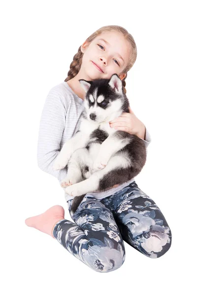 Cute Little Girl Hugging Husky Puppy Isolated White Background — Stock Photo, Image