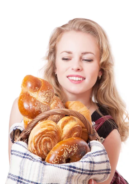 Portrait Cute Smiling Woman Pastries Her Hands Studio White Background — Stock Photo, Image
