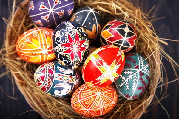 Easter eggs in a basket close-up. Symbol of Christian holidays.