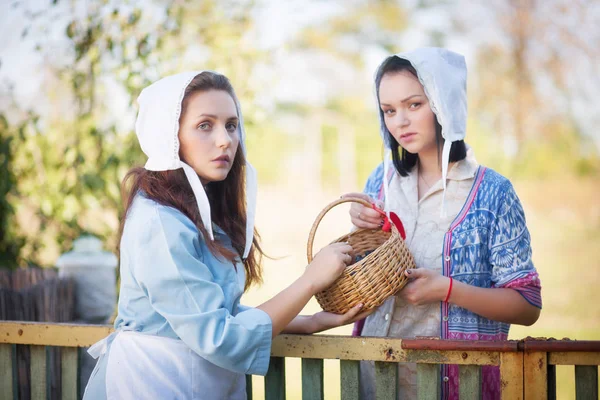 Twee jonge vrouwen praten staande in de buurt van het hek. — Stockfoto