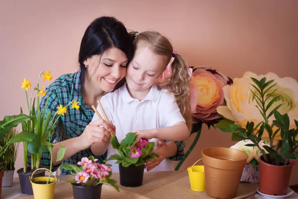 Menina bonito ajuda sua mãe a cuidar de plantas. — Fotografia de Stock