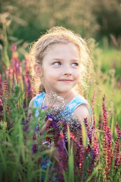 Holčička na přírodě v létě na poli s kyticí květin v dlaních. — Stock fotografie