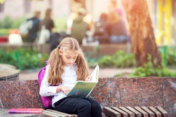 Estudante com uma mochila e livro ao ar livre. Conceito de educação e aprendizagem . — Fotografia de Stock