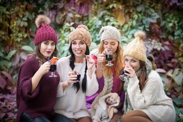 Las mujeres jóvenes beben vino caliente en el parque de otoño. Día soleado de otoño . —  Fotos de Stock