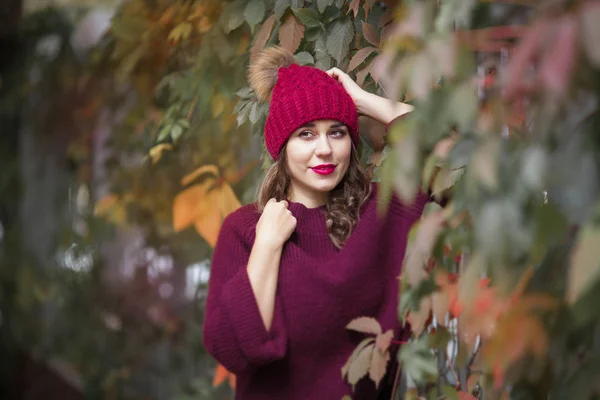 Feliz estilo de vida retrato de una hermosa joven modelo con una sonrisa en un suéter de otoño caliente . —  Fotos de Stock