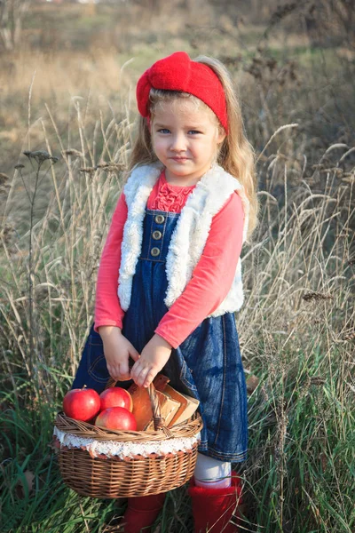 Klein meisje in gezellige kleren met appels op Gouden herfst achtergrond. — Stockfoto