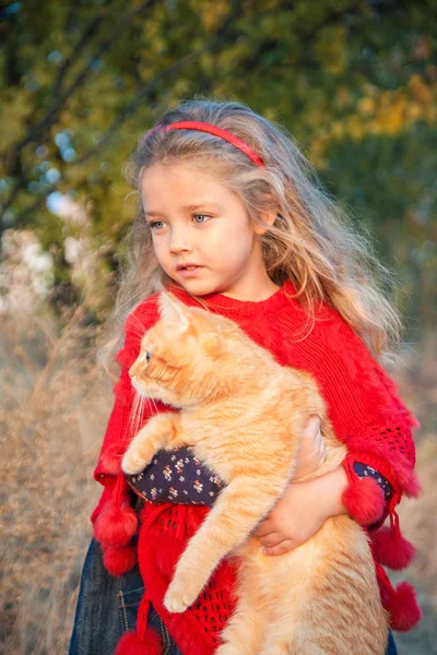 Портрет маленькой девочки с красной кошкой в руках осенью . — стоковое фото