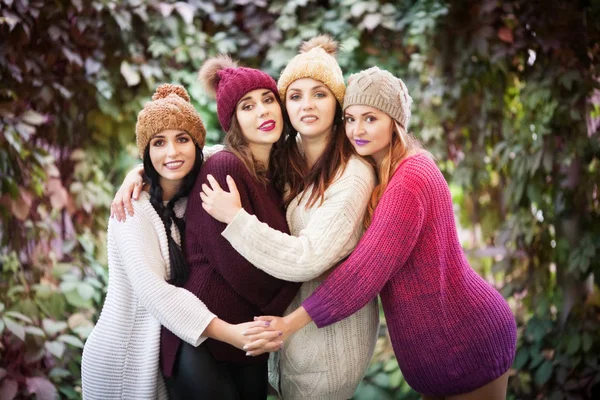 Femmes meilleures amies câlins dans le parc d'automne. Portrait de style de vie extérieur. Émotions positives . — Photo