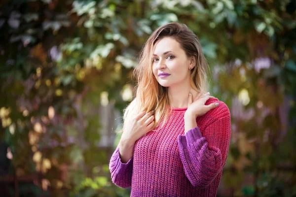 Retrato de una hermosa mujer modelo joven en un suéter cálido de otoño . — Foto de Stock