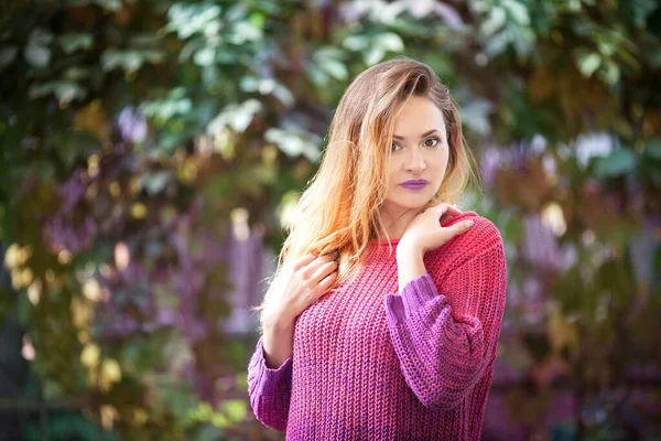 Portrait of a beautiful young model woman in a warm autumn sweater. — Stock Photo, Image