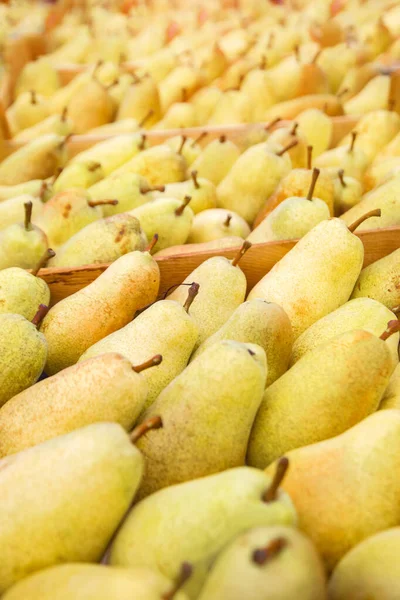 Veel rijpe gele peren na de oogst in een doos. Markt of supermarkt. — Stockfoto