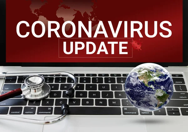 3d illustration. Coronavirus Update News Concept , Coronavirus Update Text Design on Red Background with Doctor\'s Stethoscope and Notebook with the World. for banner cover content website