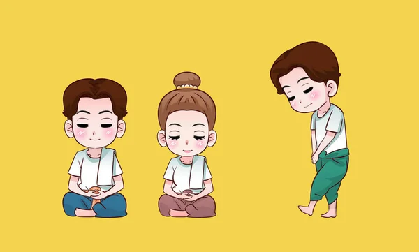 Sawasdee Kartun Thai Laki Laki Dan Perempuan Desain Karakter Konseptual - Stok Vektor
