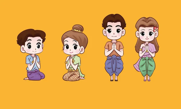 Мультфильм Sawasdee Thai Милый Сериал Мальчик Девочка Дизайн Персонажей Conceptual — стоковый вектор